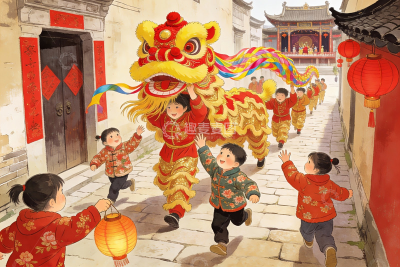 高清大图下载【趣麦麦图】儿童舞狮欢庆节日街头场景