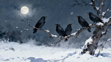雪夜月光下乌鸦栖息枝头