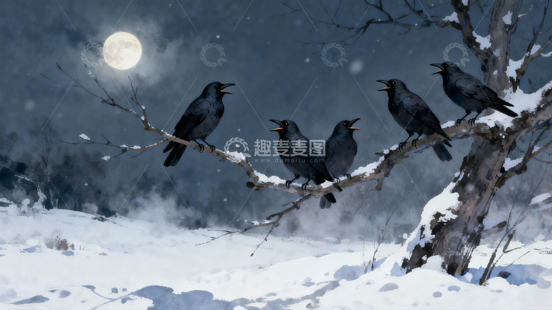 高清大图下载【趣麦麦图】雪夜月光下乌鸦栖息枝头