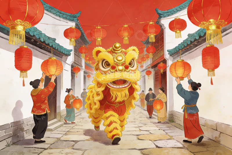 高清大图下载【趣麦麦图】舞狮闹元宵红灯笼高挂