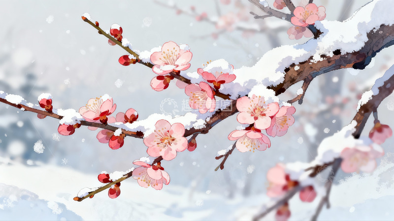 高清大图下载【趣麦麦图】雪中绽放的粉色梅花