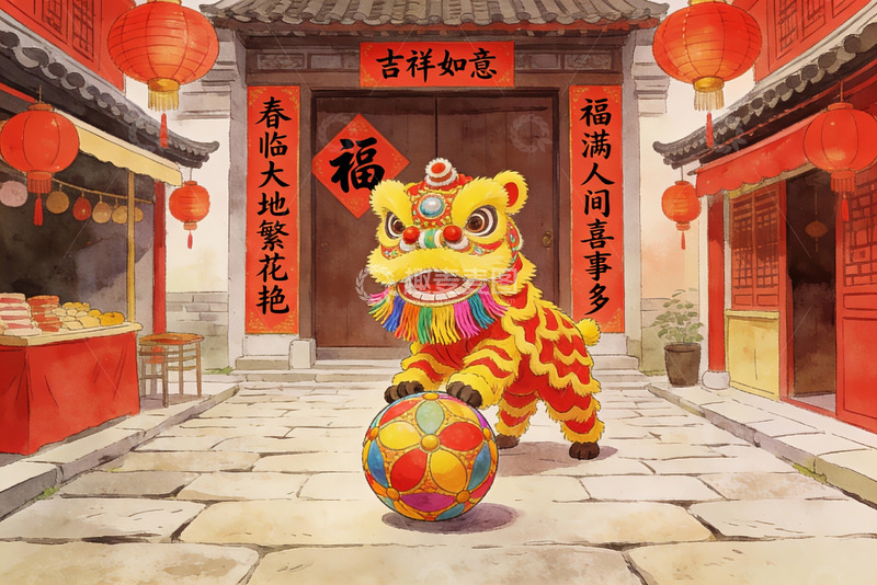 高清大图下载【趣麦麦图】舞狮迎春贺岁场景