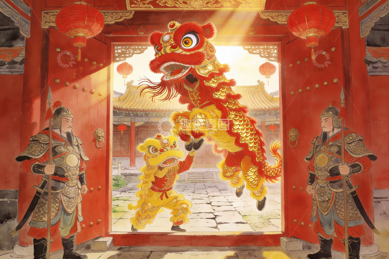 高清大图下载【趣麦麦图】传统舞狮表演与古代武士守卫