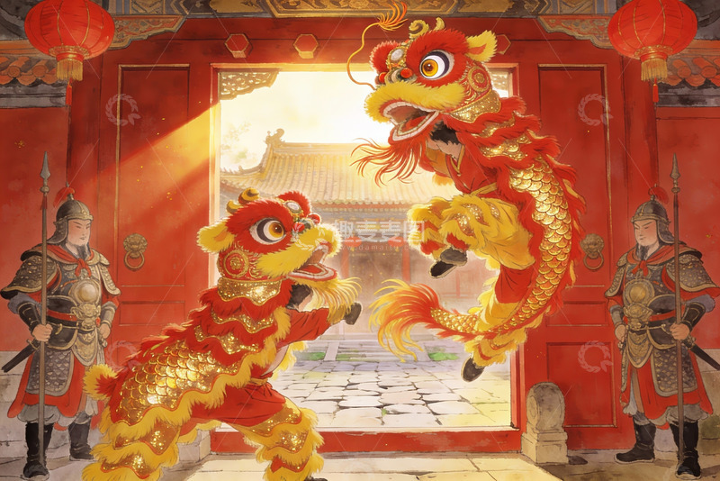 高清大图下载【趣麦麦图】传统舞狮表演与古代武士守护