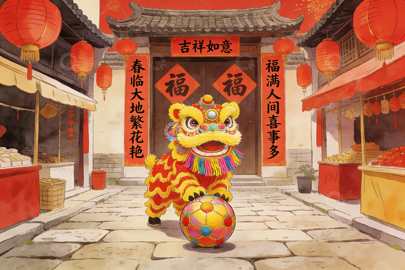 高清大图下载【趣麦麦图】春节舞狮热闹街景