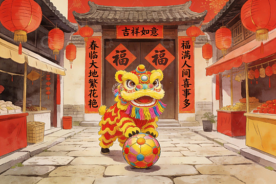 春节舞狮热闹街景