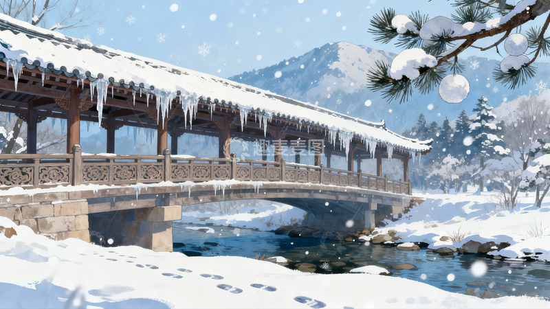 高清大图下载【趣麦麦图】雪景古桥流水冬日画卷