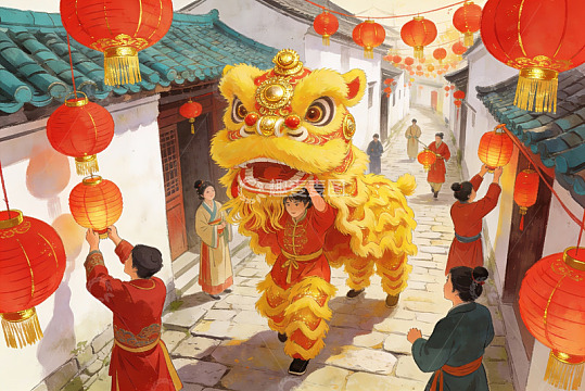 古街舞狮挂红灯笼喜庆场景