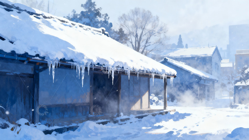 高清大图下载【趣麦麦图】雪覆古屋冰凌垂挂冬日景象