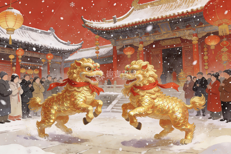 高清大图下载【趣麦麦图】雪中舞狮迎新春