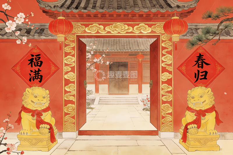 高清大图下载【趣麦麦图】中国传统建筑门庭装饰画