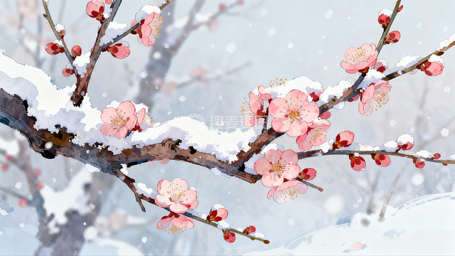 雪中绽放的粉色梅花