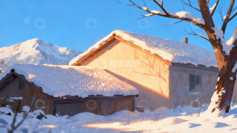 高清大图下载【趣麦麦图】雪覆屋顶山景静谧