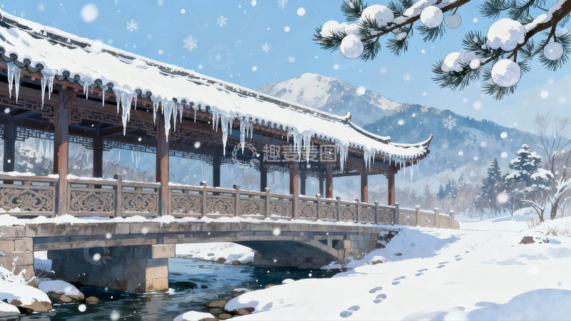 高清大图下载【趣麦麦图】雪景古桥山水画