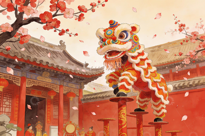 高清大图下载【趣麦麦图】春节舞狮庆典场景