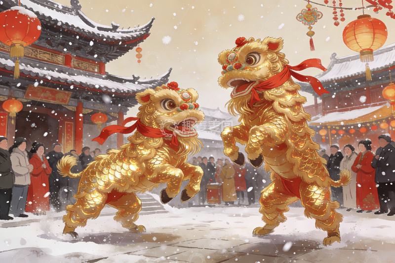 高清大图下载【趣麦麦图】雪中舞狮迎新春