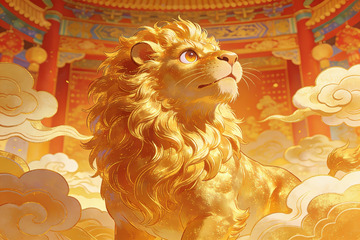 金色狮子祥云环绕古建筑