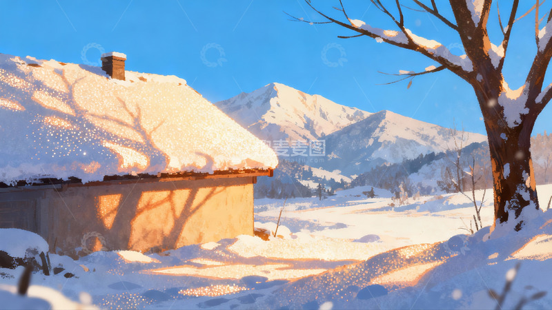 高清大图下载【趣麦麦图】雪覆小屋雪山映衬冬日美景