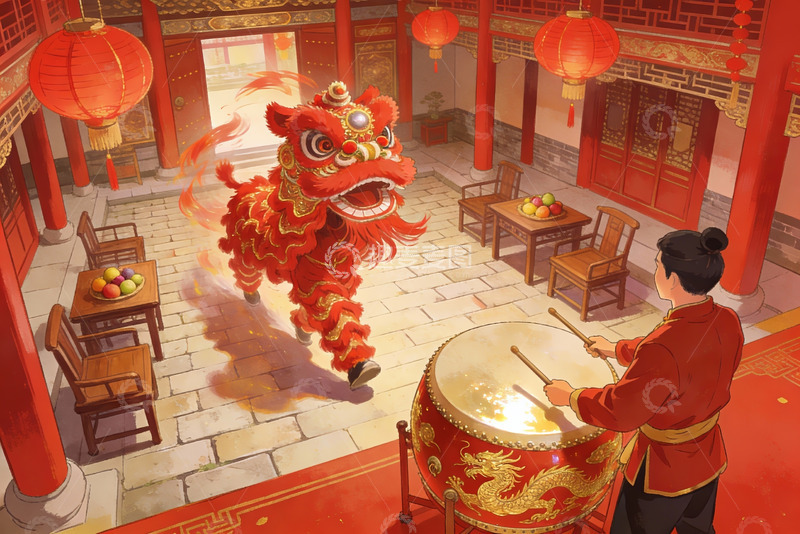 高清大图下载【趣麦麦图】舞狮表演与鼓乐伴奏