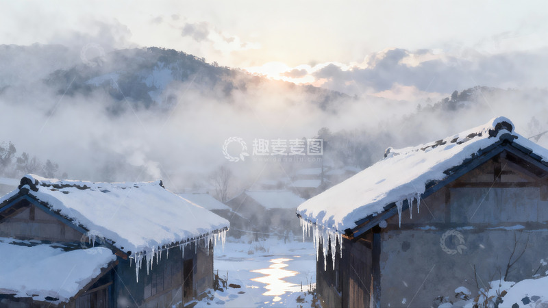 高清大图下载【趣麦麦图】雪后山村晨曦云雾缭绕