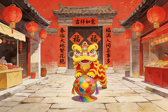 春节舞狮热闹街景