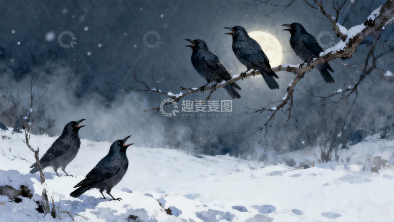 高清大图下载【趣麦麦图】雪夜乌鸦栖息鸣叫