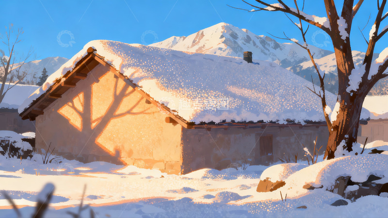 高清大图下载【趣麦麦图】雪覆小屋雪山映衬冬日景象
