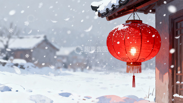 雪中红灯笼映衬古建筑