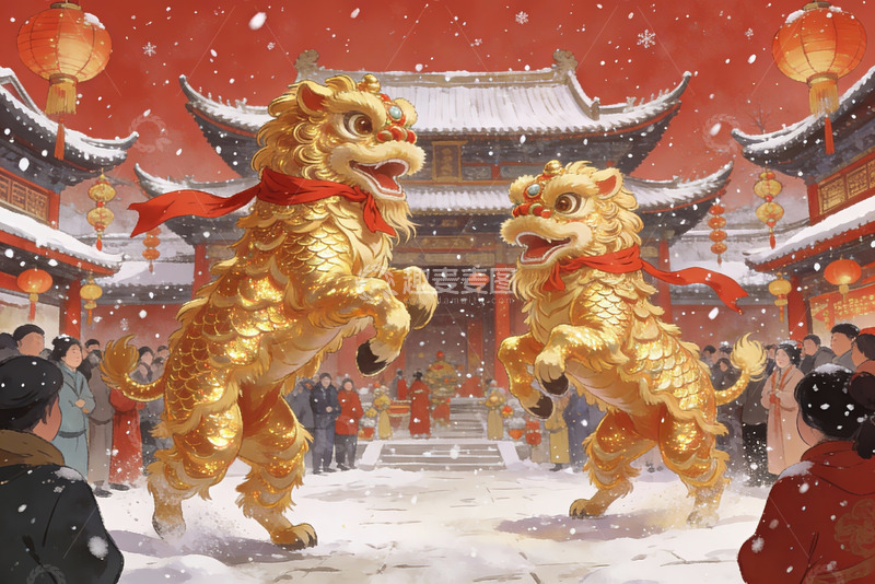 高清大图下载【趣麦麦图】雪中舞狮迎新春