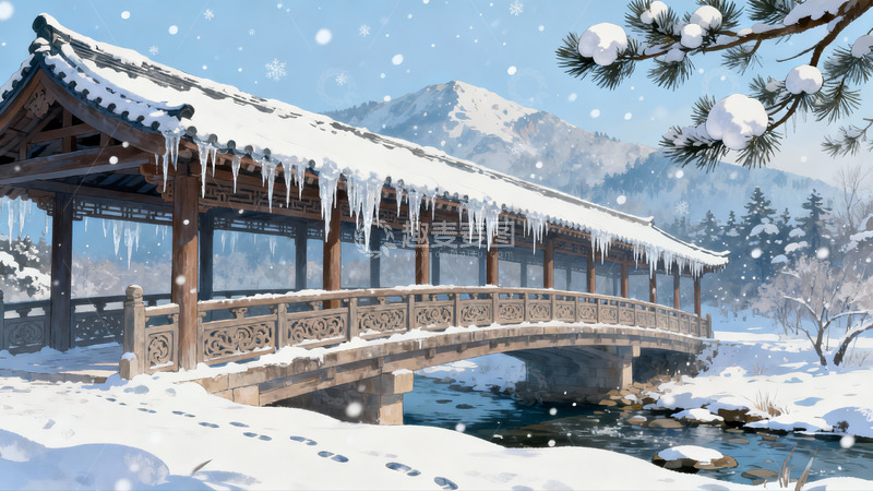 高清大图下载【趣麦麦图】雪景古桥流水人家