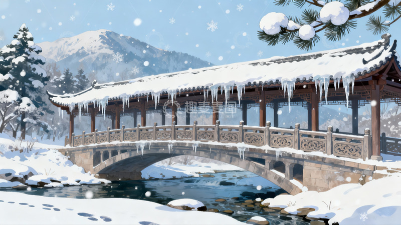 高清大图下载【趣麦麦图】雪景古桥流水图