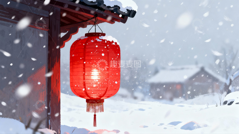 高清大图下载【趣麦麦图】雪中红灯笼映古屋