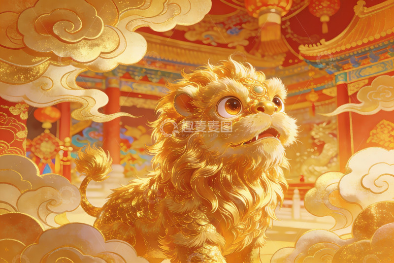 高清大图下载【趣麦麦图】金色神兽守护古建筑祥云环绕