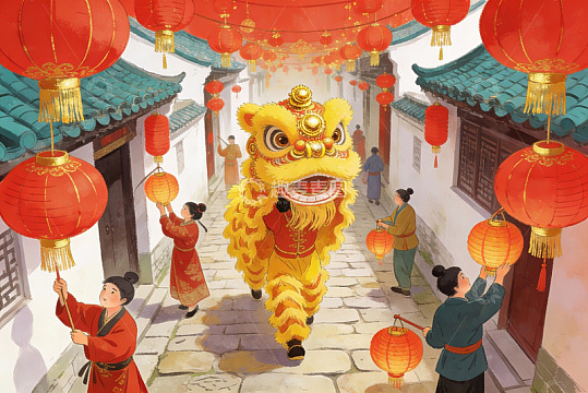 古街舞狮挂红灯笼热闹非凡