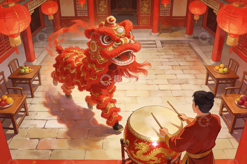 高清大图下载【趣麦麦图】舞狮表演与鼓手室内场景