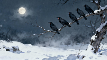 雪夜月光下栖息的乌鸦群