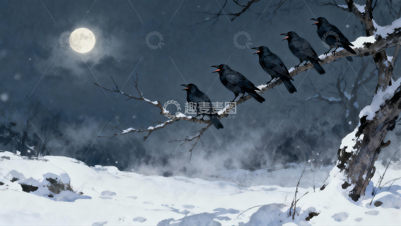 高清大图下载【趣麦麦图】雪夜月光下栖息的乌鸦群
