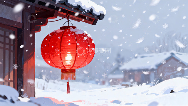 雪中红灯笼映衬古建筑