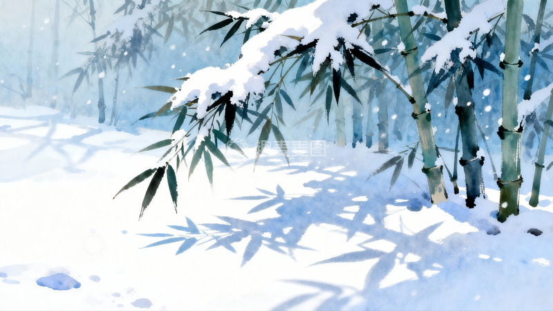 高清大图下载【趣麦麦图】雪竹图静谧冬景