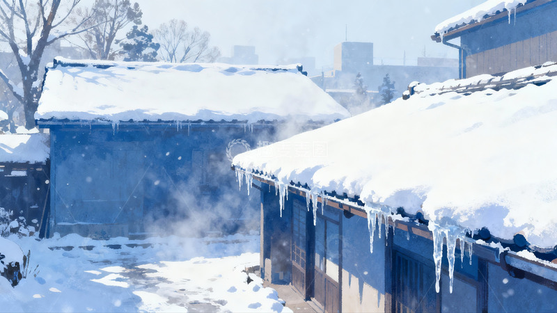 高清大图下载【趣麦麦图】雪覆古屋庭院冬景
