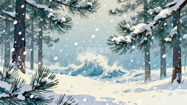 雪落松林海浪涌动冬日景象