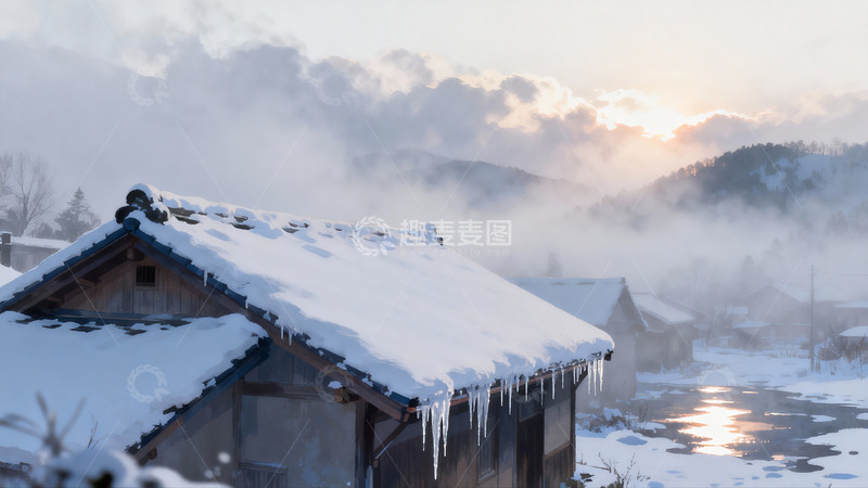 高清大图下载【趣麦麦图】雪后山村晨曦景色