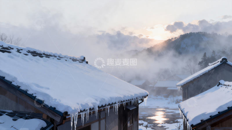 高清大图下载【趣麦麦图】雪后山村晨曦景色