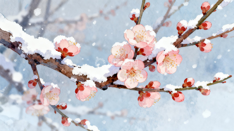 高清大图下载【趣麦麦图】雪中绽放的粉色梅花