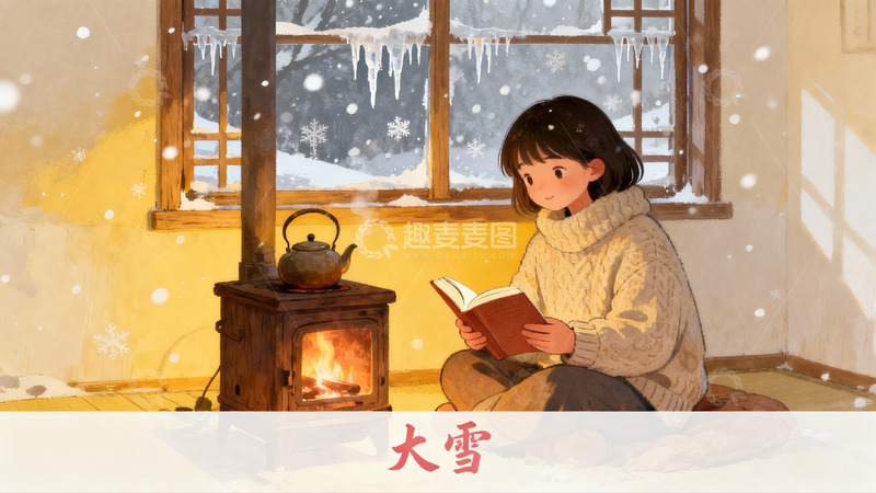 高清大图下载【趣麦麦图】冬日暖炉旁阅读的温馨场景
