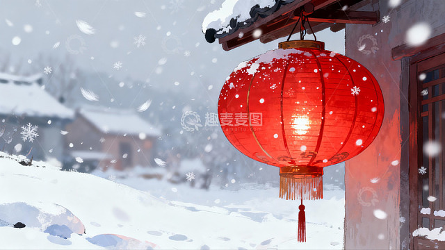 雪夜红灯笼映古屋