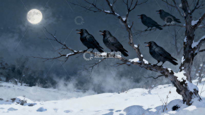 高清大图下载【趣麦麦图】雪夜月光下乌鸦栖息枝头