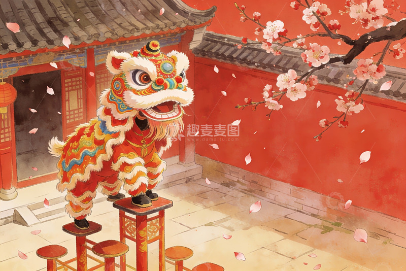 高清大图下载【趣麦麦图】传统舞狮迎春景