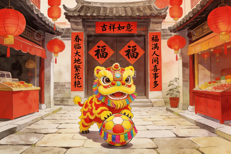 高清大图下载【趣麦麦图】舞狮迎春贺岁场景