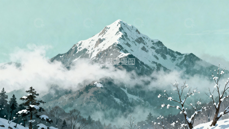 高清大图下载【趣麦麦图】雪山云雾松树冬景